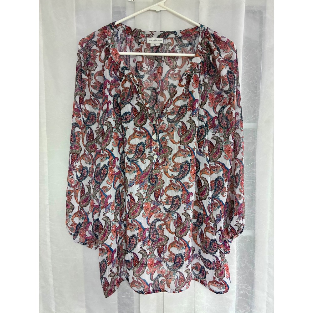 Liz Claiborne Womens XL Paisley Tunic Blouse Long Balloon Sleeve V-Neck Top